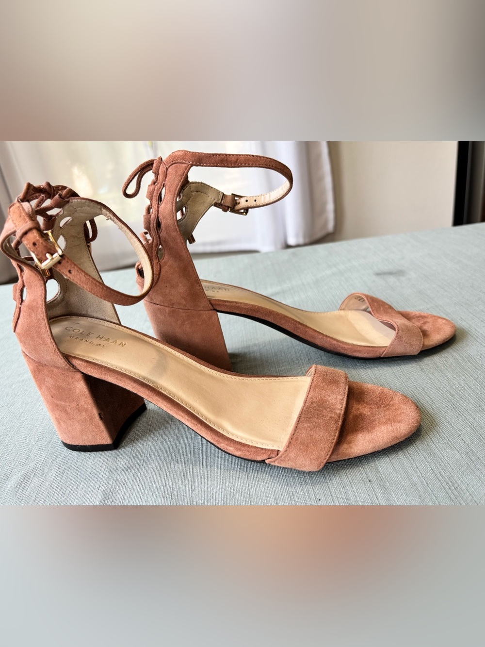 Cole Haan Dusty Rose Suede Lace-Up Block Heel Sandals 8B